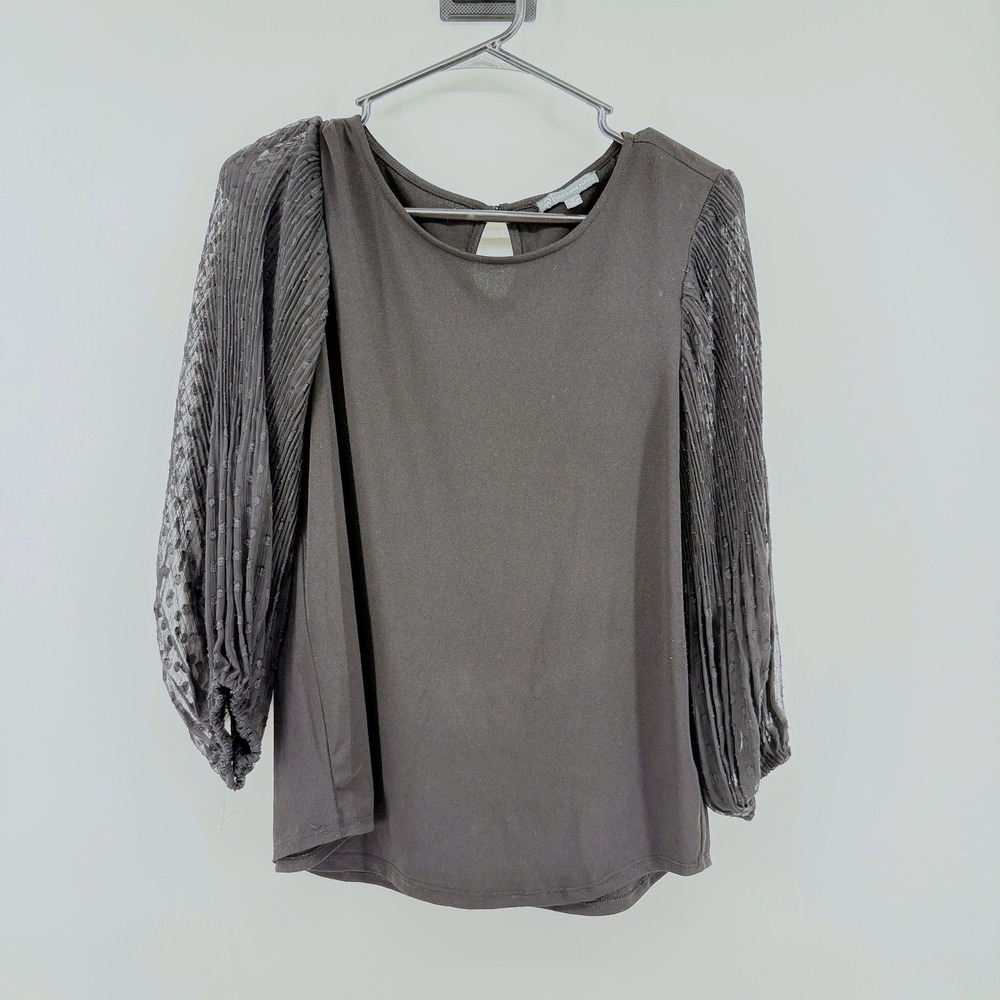 Adrianna‎ Papell Blouse Pleated Balloon Sleeve Black Womens Evening Top